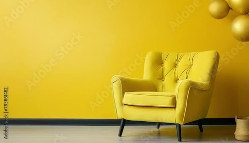 A yellow armchair is placed in front of a matching yellow wall, creating a cohesive and vibr photo