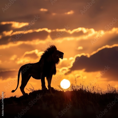 Silhouette of a roaring lion standing on a hill in the setting sun