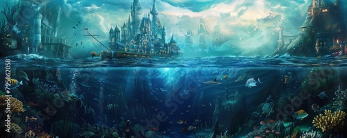 Underwater view of a fantasy city with a castle © Wavezaa