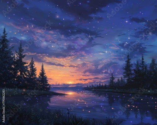 A beautiful landscape with a lake  trees  and a starry night sky.