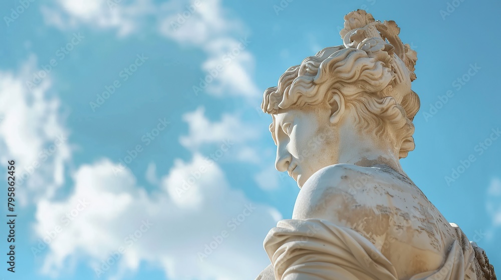 close up shot of Themis sculpture, greek statue of Themis, minimalistic background, ancient sculpture, white marble sculpture