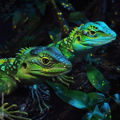 A beautiful photo of two bright green lizards on a branch with green leaves in the jungle at night.
