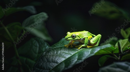 A bright green frog sits on a leaf in the jungle at night. photo