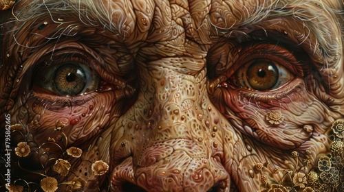 A close up of an old man's face. The man's face is extremely wrinkled and his eyes are a deep brown color. The man's face is covered in warts and other skin growths. photo