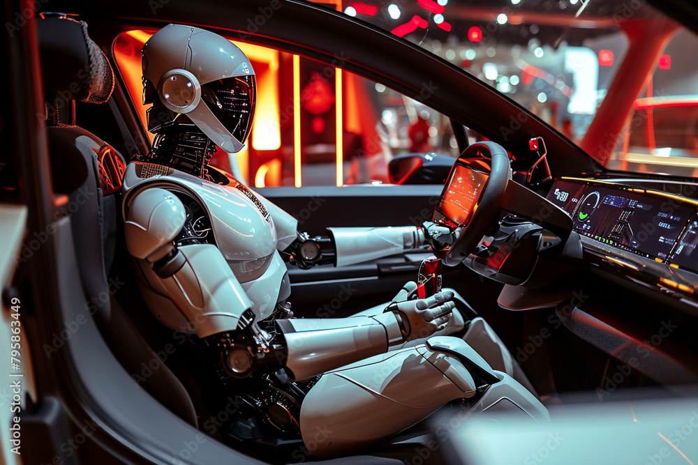 robot sitting as a driver in a modern car, blurred background. Artificial intelect in future life. AI Generated robot sitting as a driver in a modern car, blurred background. Artificial intelect in future life. AI Generated