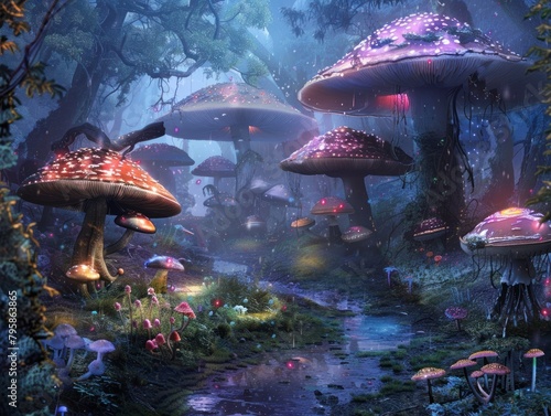 A photo of a magical forest with giant mushrooms and a stream running through it. photo