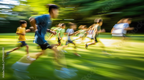 Blurred motion of Asian children running in a park with a coach © lermont51