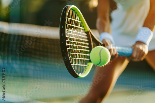 Tennis Player in Action During Match, tennis racket hitting ball © lermont51