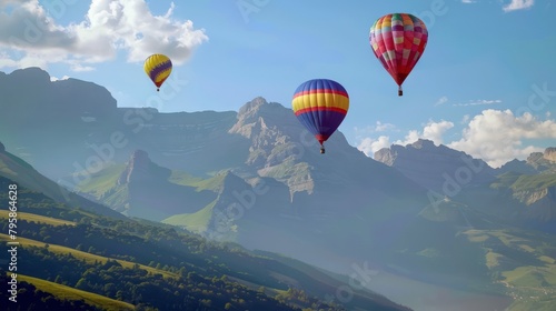 Colorful hot air balloons on a beautiful mountain background