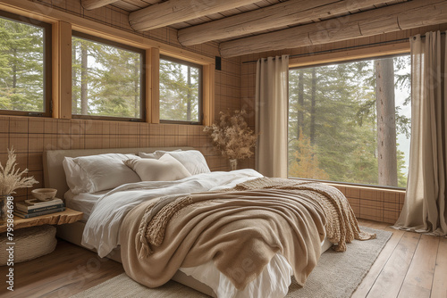 Serene minimalist bedroom in Canadian rustic cabin with earthy palette and natural wood, bathed in morning light for a tranquil ambiance.