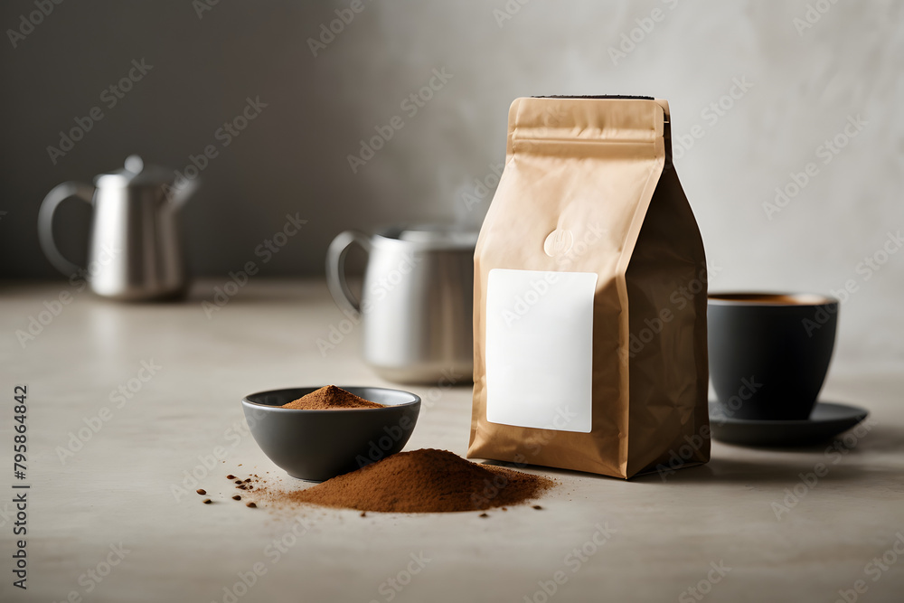 A coffee concept prepared for mockup, with a kraft coffee package with a white label on a light wooden table A coffee concept prepared for mockup, with a kraft coffee package with a white label on a light wooden table