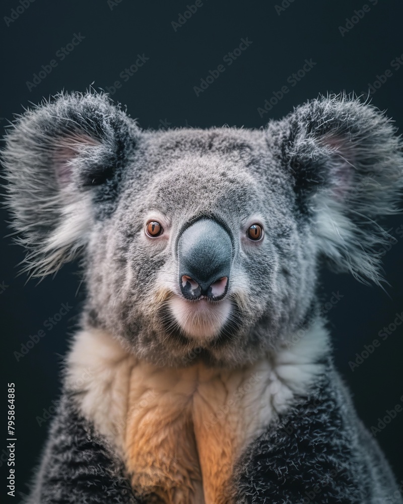 Fototapeta premium Adorable baby wild koala with rim lighting close-up against dark background in natural habitat