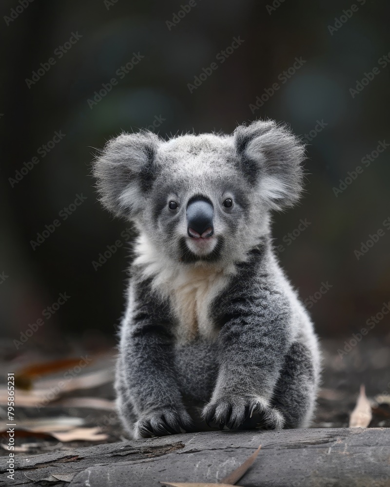 Fototapeta premium Adorable baby wild koala with rim lighting close-up against dark background in natural habitat