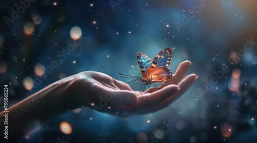 Butterflies fly above the hand freely with a beautiful light background