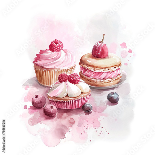 Cupcakes with berries. Watercolor hand drawn illustration on white background