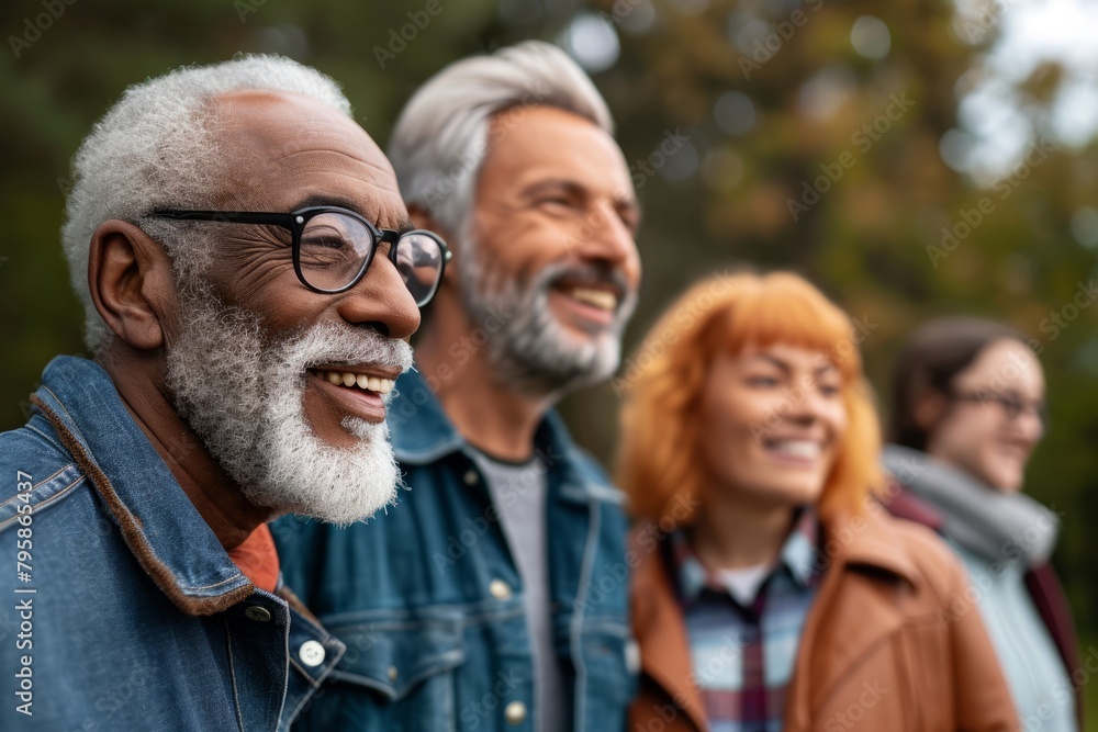 Portrait of smiling senior man in eyeglasses looking at camera with his friends in background Portrait of smiling senior man in eyeglasses looking at camera with his friends in background