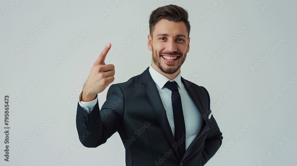 smiling businessman pointing to side and showing empty space on white background, wearing suit, looking at camera, portrait shot, isolated, copy room. generative AI smiling businessman pointing to side and showing empty space on white background, wearing suit, looking at camera, portrait shot, isolated, copy room. generative AI