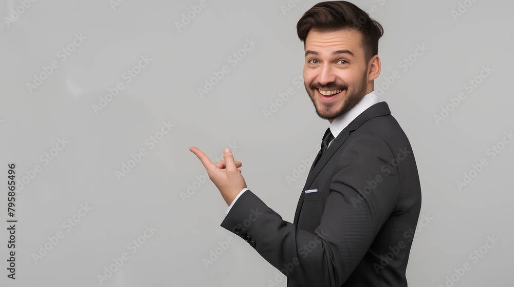 smiling businessman pointing to side and showing empty space on white background, wearing suit, looking at camera, portrait shot, isolated, copy room. generative AI smiling businessman pointing to side and showing empty space on white background, wearing suit, looking at camera, portrait shot, isolated, copy room. generative AI