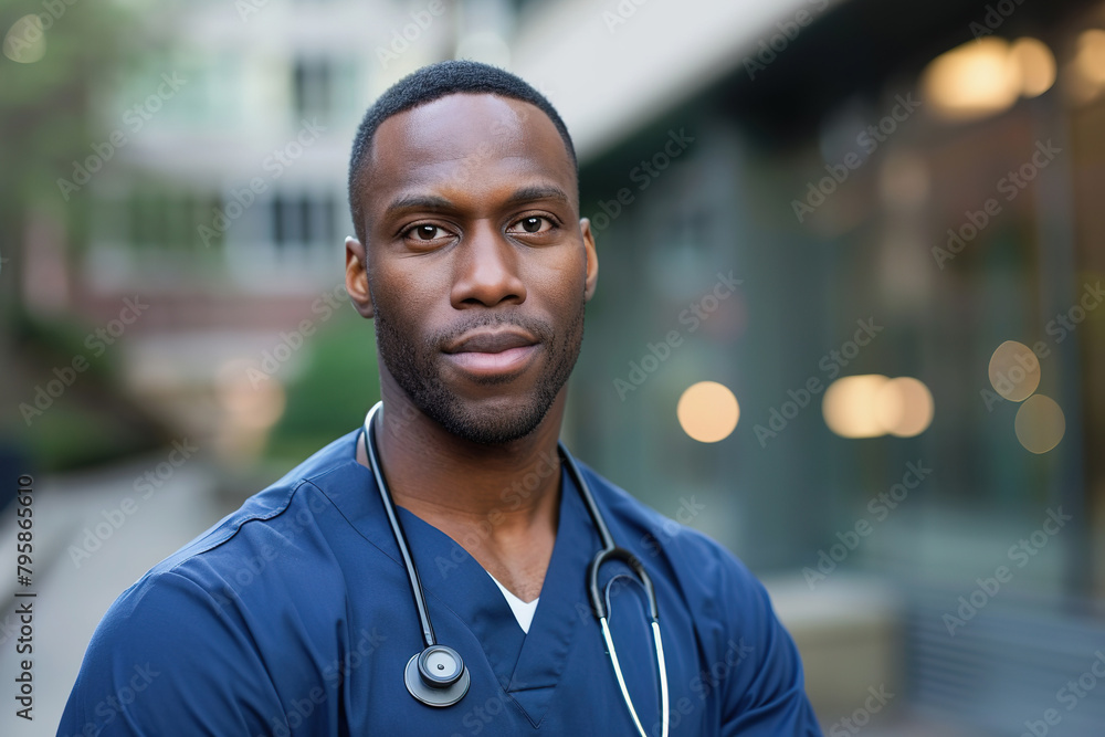 Confident black healthcare professional in medical scrubs outdoors Confident black healthcare professional in medical scrubs outdoors