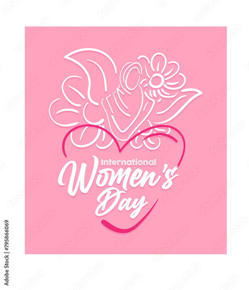 International Women's Day 8 march with frame of flower and leaves , doodle art style. International Women's Day 8 march with frame of flower and leaves , doodle art style.