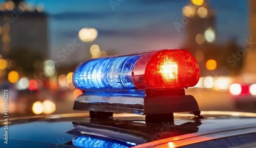 Blue and red light flasher atop of a police car. City lights on the background  photo