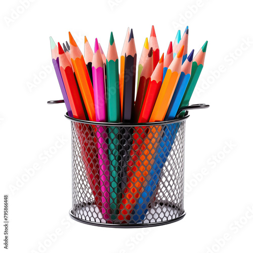 colorful pencils in metal basket on white background