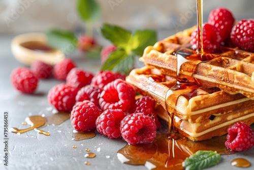 Golden waffle breakfast scene with floating elements, maple syrup, and fresh raspberries