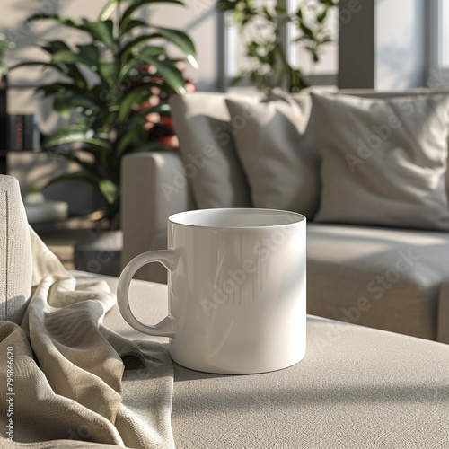 white mug mockup in living room setting