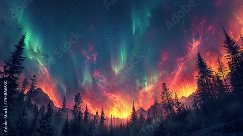 Background illustration of a night sky with a fantastic aurora --ar 16:9 --stylize 750 Job ID: 8aedfe51-9862-4823-928a-a210a0411713 photo