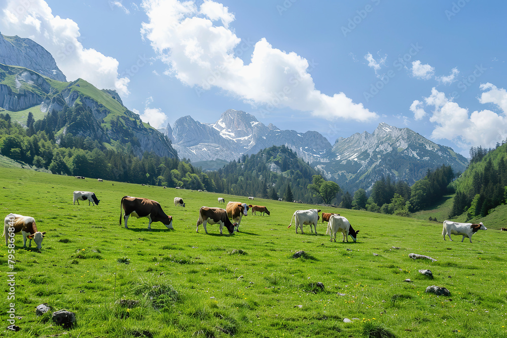 Herd of Cows Grazing Peacefully in Green Mountainous Pasture Herd of Cows Grazing Peacefully in Green Mountainous Pasture