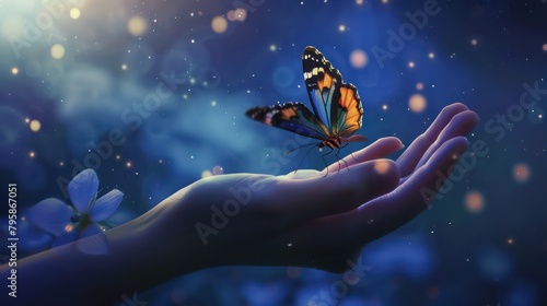 Butterflies fly above the hand freely with a beautiful light background © jongaNU