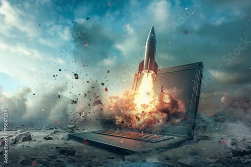 laptop with fat rocket coming out of the screen
