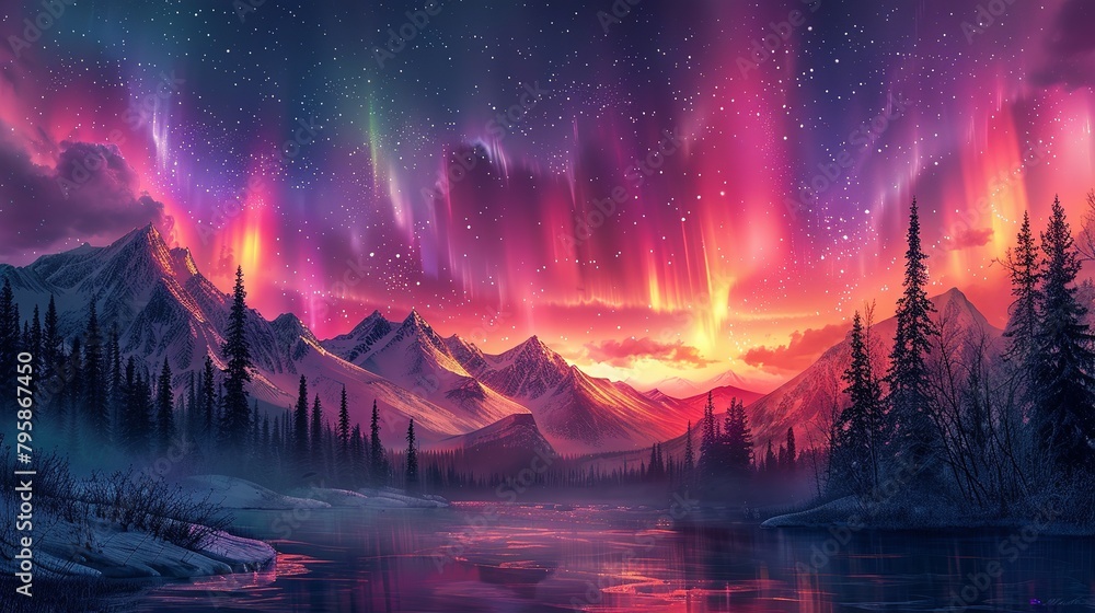 Fototapeta premium Background illustration of a night sky with a fantastic aurora --ar 16:9 --stylize 750 Job ID: 712709bd-b7ad-42c3-8122-8b8a67945fb4