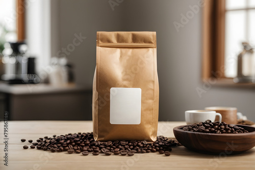 A coffee concept prepared for mockup, with a kraft coffee package with a white label on a light wooden table