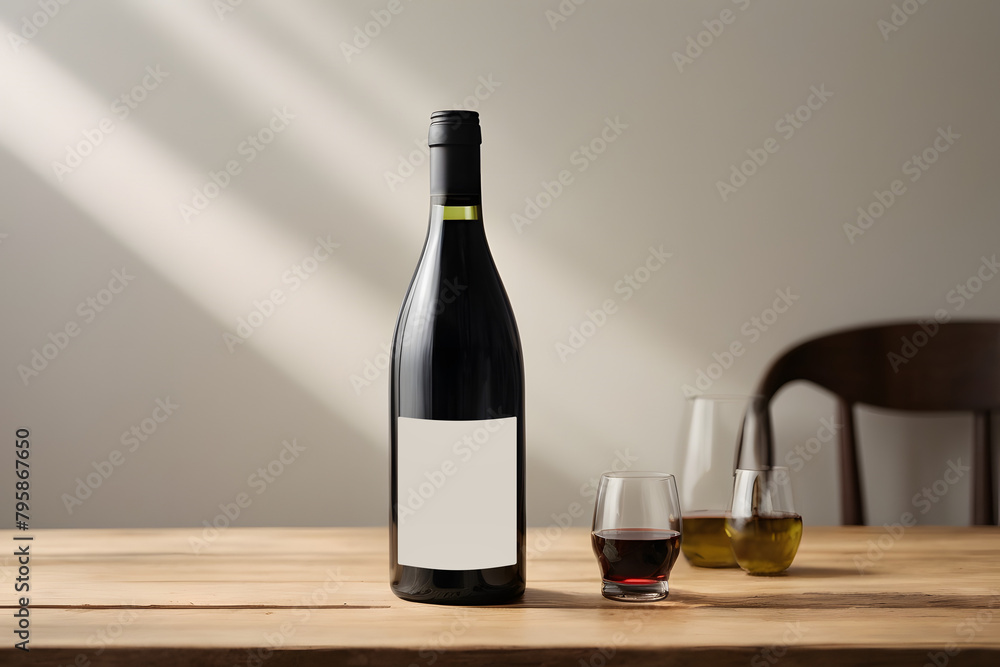 Fototapeta premium Wine concept created for mockup, focused on wine bottle with white label on it