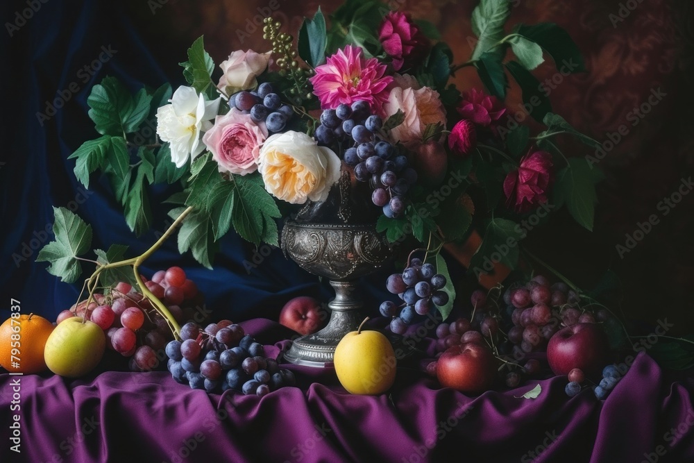 Medieval style table decorate with fruits with flowers vase nature purple grapes. Medieval style table decorate with fruits with flowers vase nature purple grapes.