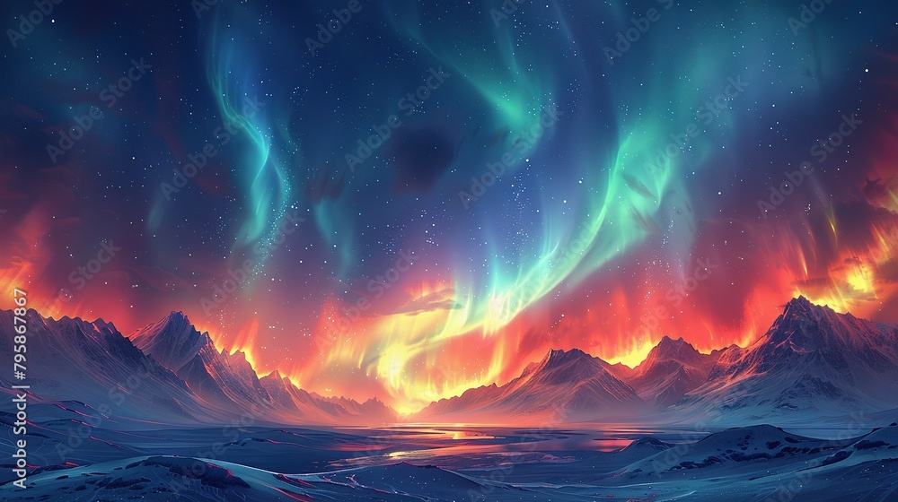 Background illustration of a night sky with a fantastic aurora --ar 16:9 --stylize 750 Job ID: 4e14a298-7738-4395-ab8b-0fec2ac989b7