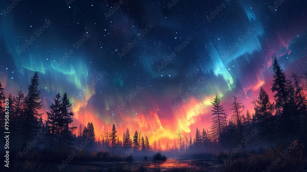 Background illustration of a night sky with a fantastic aurora --ar 16:9 --stylize 750 Job ID: 4e14a298-7738-4395-ab8b-0fec2ac989b7