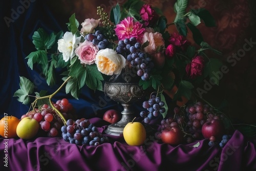Medieval style table decorate with fruits with flowers vase nature purple grapes.