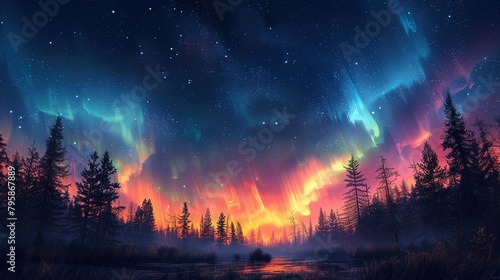 Background illustration of a night sky with a fantastic aurora --ar 16 9 --stylize 750 Job ID  4e14a298-7738-4395-ab8b-0fec2ac989b7