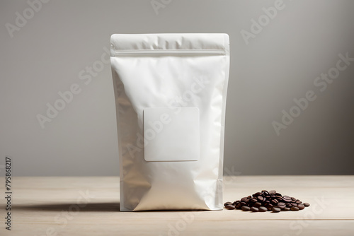 A coffee concept prepared for mockup, with a white coffee package on a light wooden table © W2GO