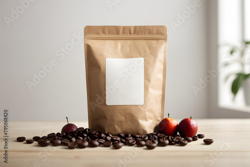 A coffee concept prepared for mockup, with a kraft coffee package with a white label on a light wooden table © W2GO