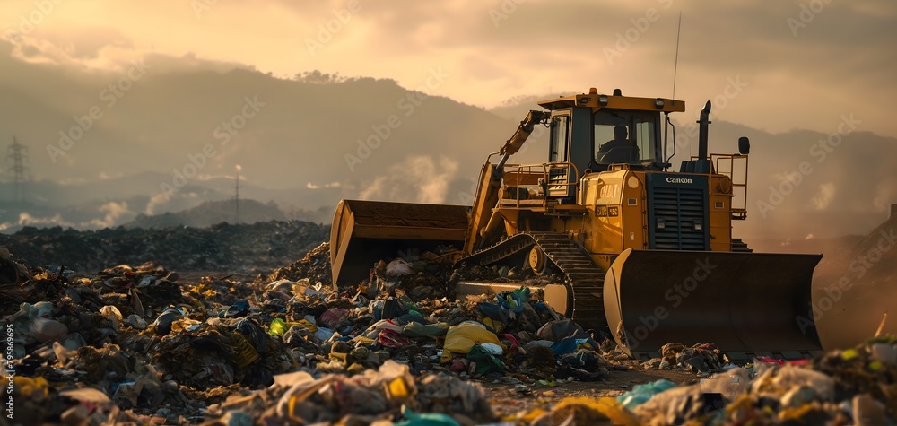 A bulldozer moving mountains of garbage in the waste management facility A bulldozer moving mountains of garbage in the waste management facility