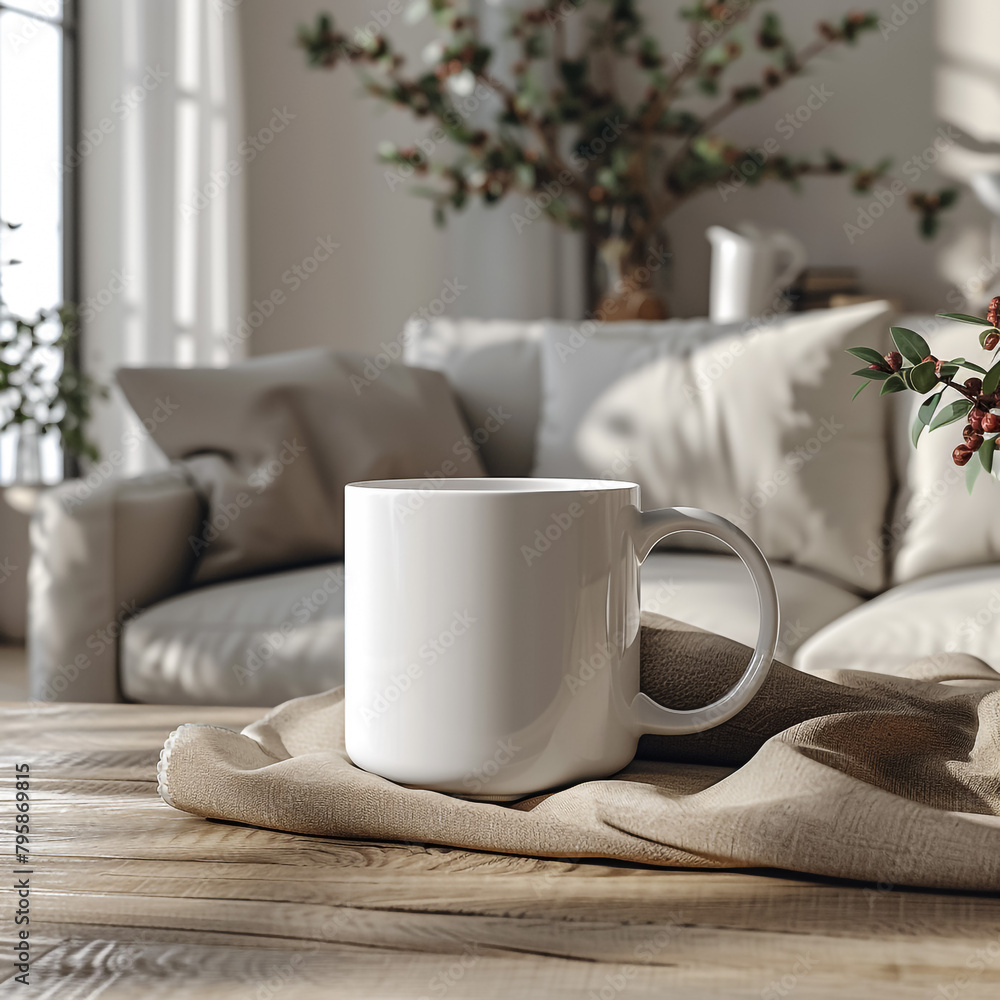 White coffee mug mockup on the bed with gray blanket