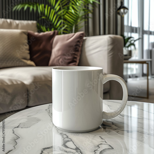 White coffee mug mockup on the bed with gray blanket
