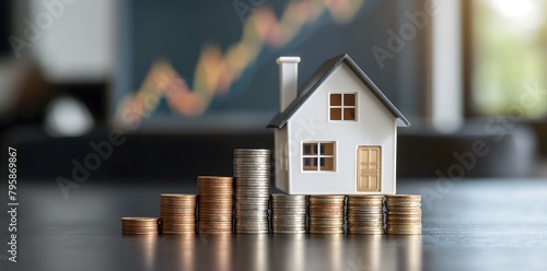 A miniature house surrounded by stacks of coins, with an upward trending graph symbolizing real estate value growth, buy house with bitcoin