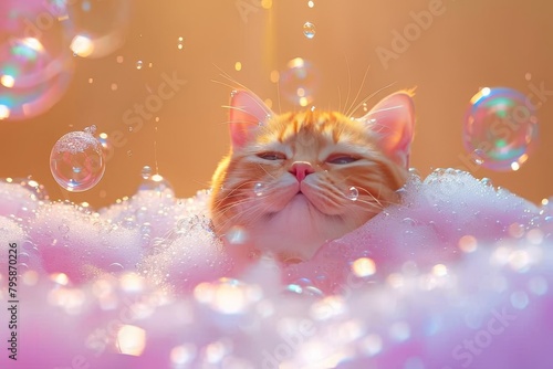 Cartoon of a joyful cat bathing in bubbles and foam with playful soap suds, pet grooming concept