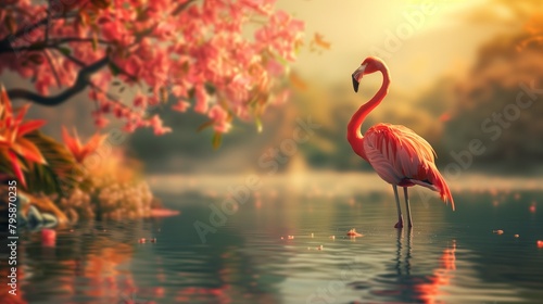 A captivating scene of a flamingo standing tall in the water against a backdrop of mesmerizing nature  suitable for 4K wallpaper.