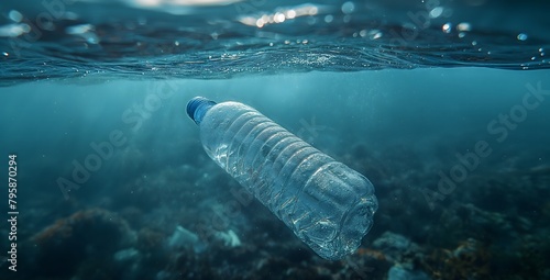 A plastic bottle floating above sea level, pollution of the sea photo