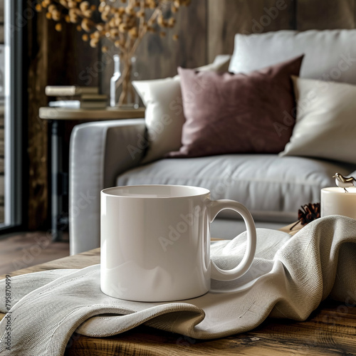 White coffee mug mockup on the bed with gray blanket